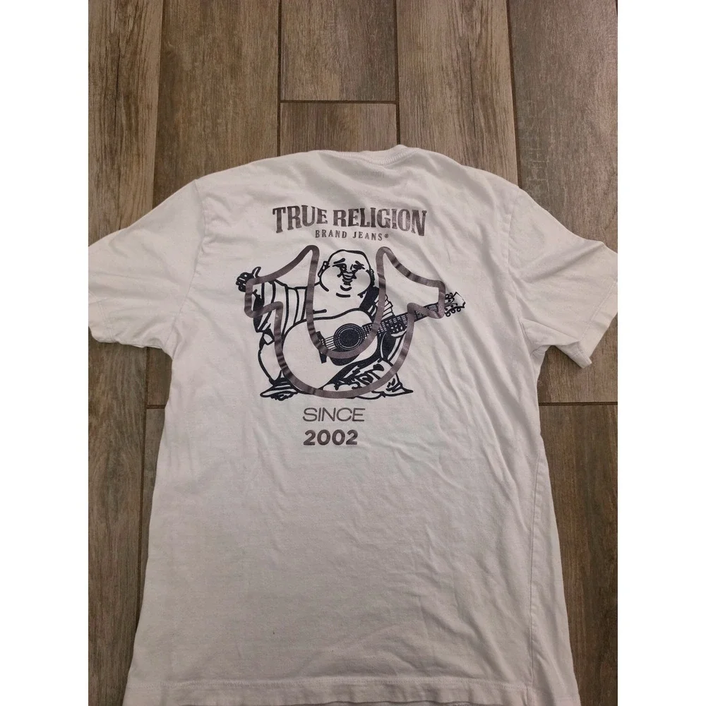 True Religion Mens White Buddha Graphic T-Shirt Medium Metallic Horseshoe Logo